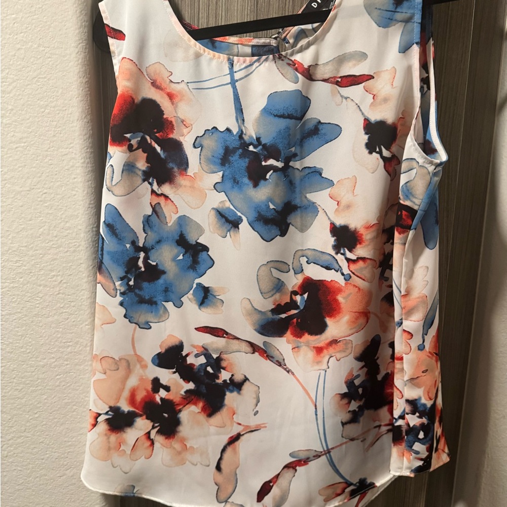 Dkny Sleeveless Blue and Pink Floral Blouse